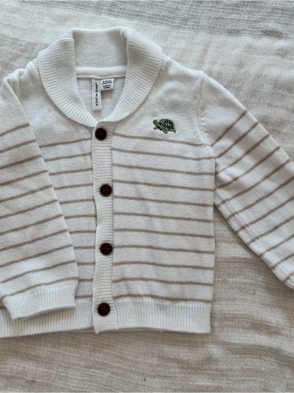 Janie and Jack Cream Cardigan with Tan Stripes and Green Turtle